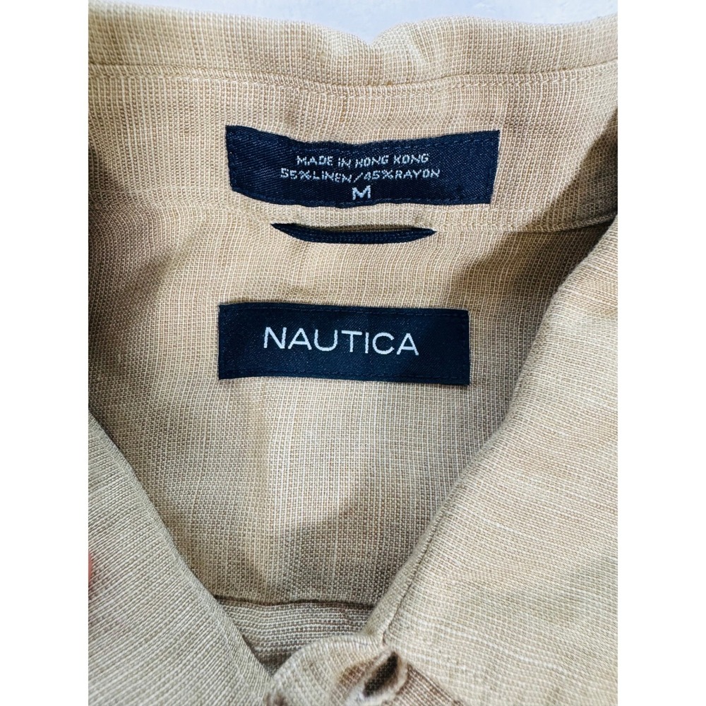 Nautica Men's Tan Linen & Rayon Blend Short Sleeve Button Down Shirt Size M - Picture 6 of 9